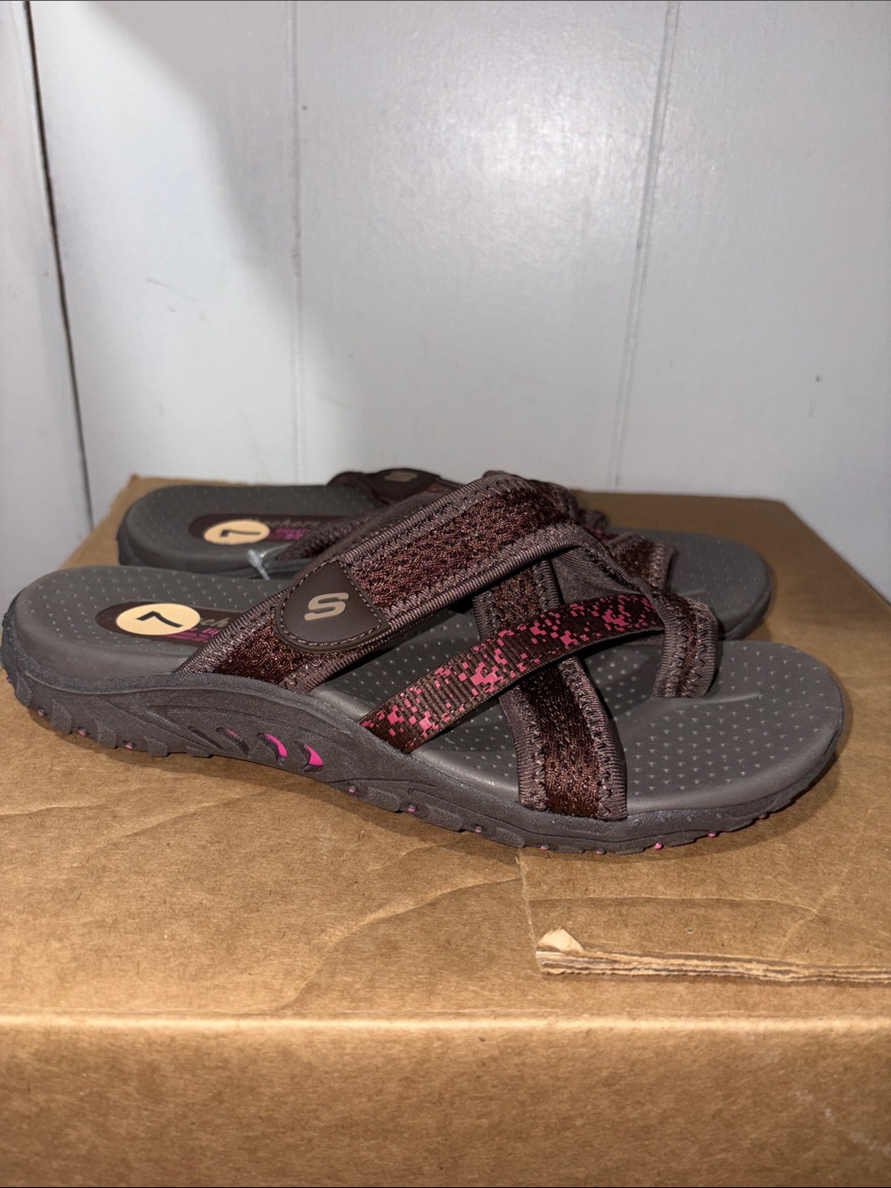 Skechers Women's Brown Slide Sandals with Pink Detail size 7